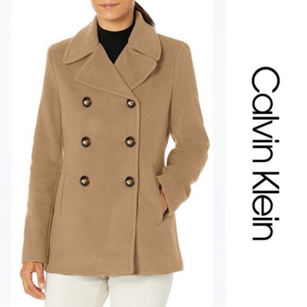 Calvin Klein Tan Wool & Cashmere Tan Double Breasted Peacoat Sz 4 or M. Petite.